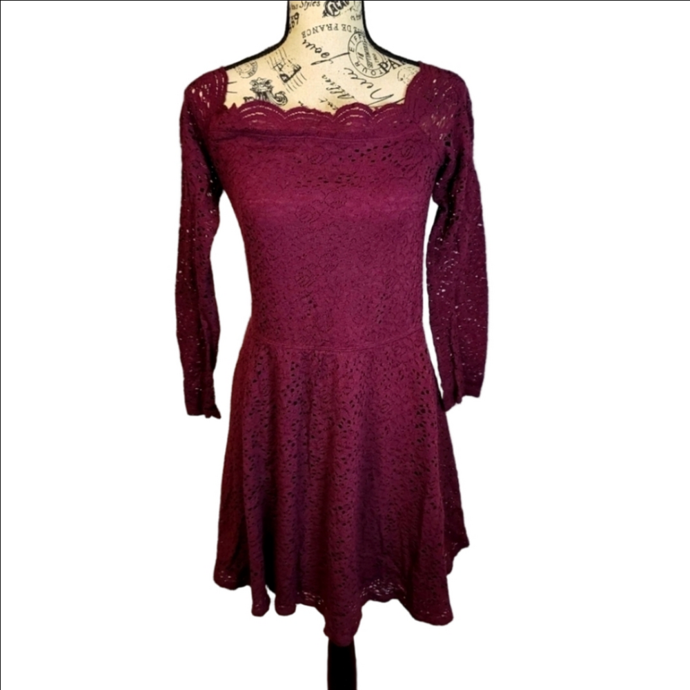 Hollister Burgundy Eyelet Lace Off Shoulder Dress Large